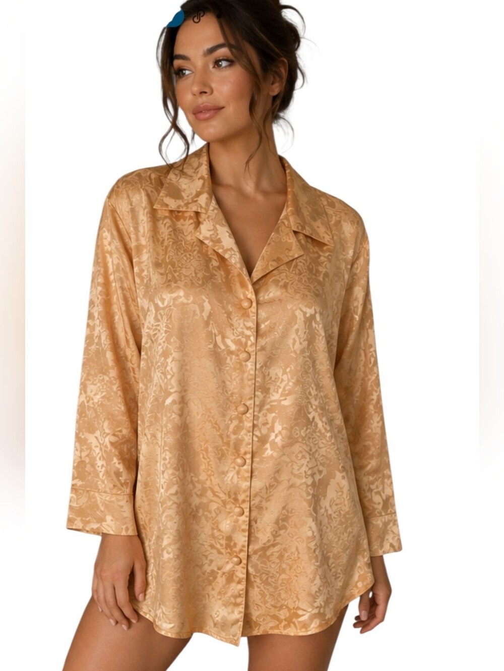 Vintage Victoria’s Secret Gold Satin Jacquard Pajama Sleep Shirt P/S